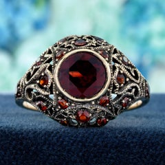 9K Yellow Gold Solid Garnet Art Deco Style Filigree Dome Ring