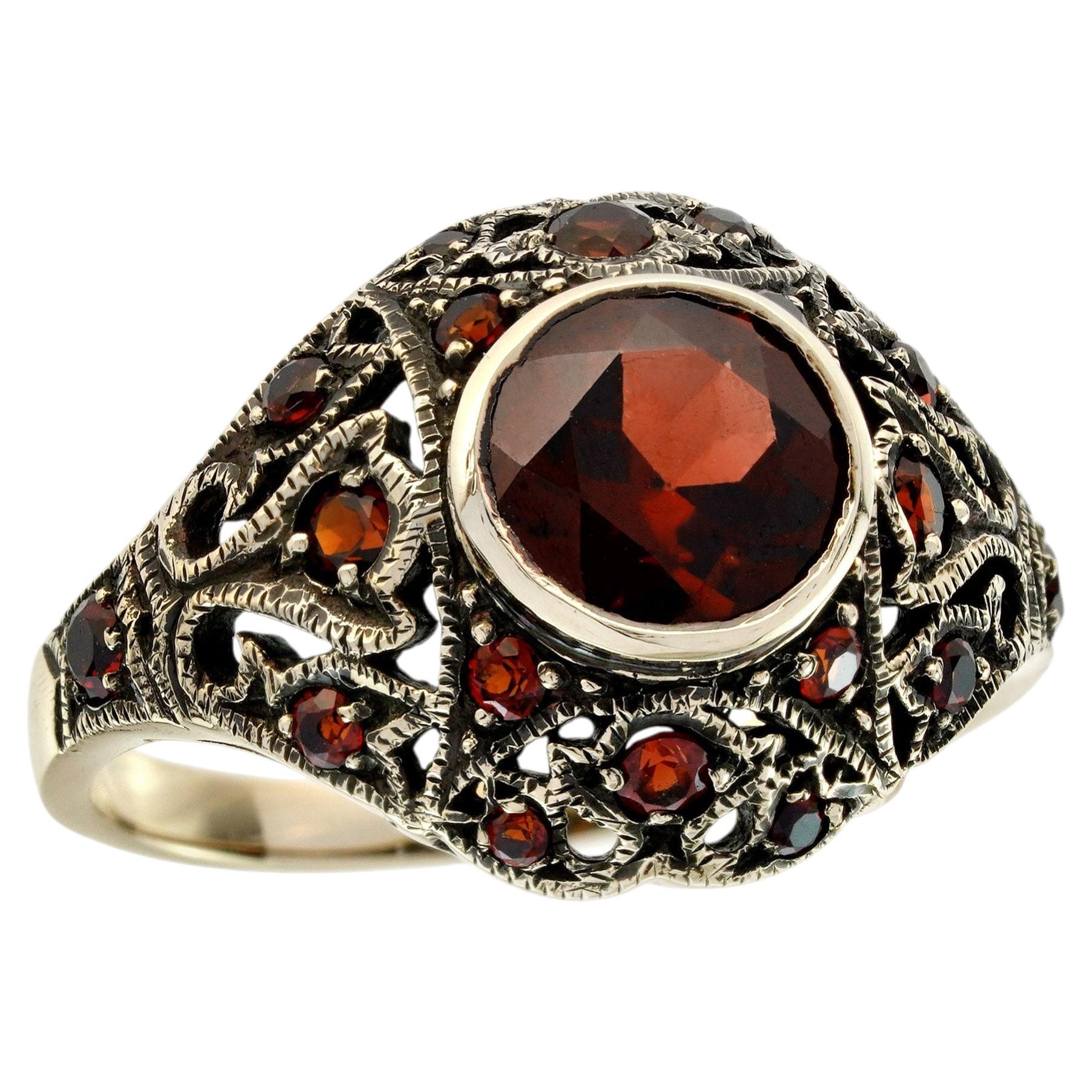 9K Yellow Gold Solid Garnet Art Deco Style Filigree Dome Ring