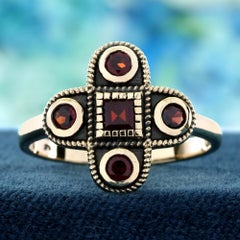 9K Yellow Gold Solid Garnet Vintage Style Cross Cluster Ring