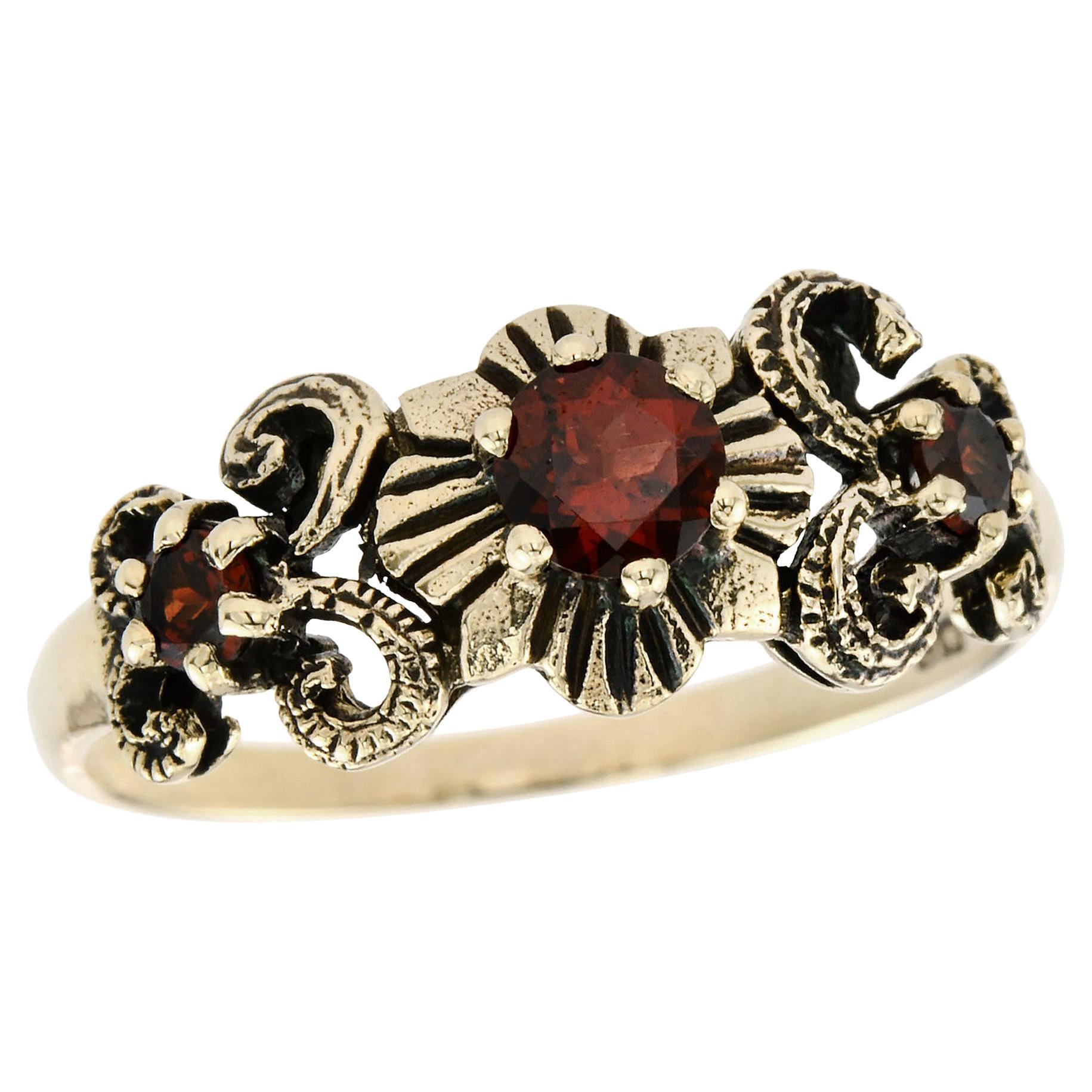 9K Yellow Gold Solid Garnet Vintage Style Three Stone Ring