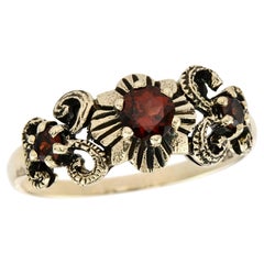 9K Yellow Gold Solid Garnet Vintage Style Three Stone Ring