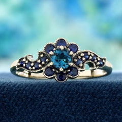 9K Gelbgold Massiv Londoner Blautopas und Saphir Vintage Style Floral Ring