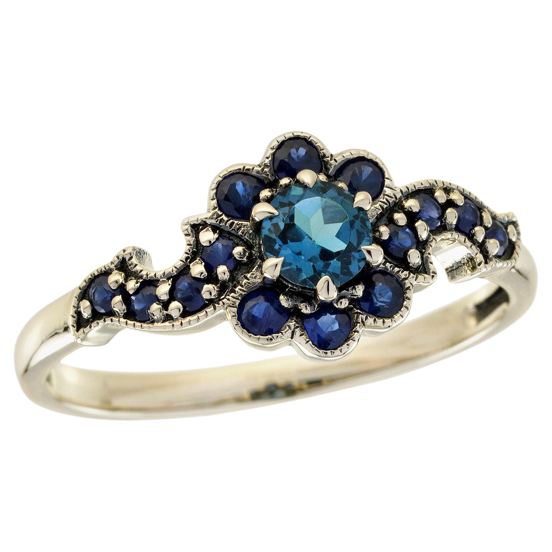 9K Yellow Gold Solid London Blue Topaz and Sapphire Vintage Style Floral Ring