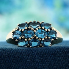 9K Yellow Gold Solid London Blue Topaz Vintage Style Dome Cluster Ring