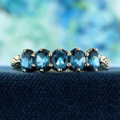9K Yellow Gold Solid London Blue Topaz Vintage Style Five Stone Carved Ring