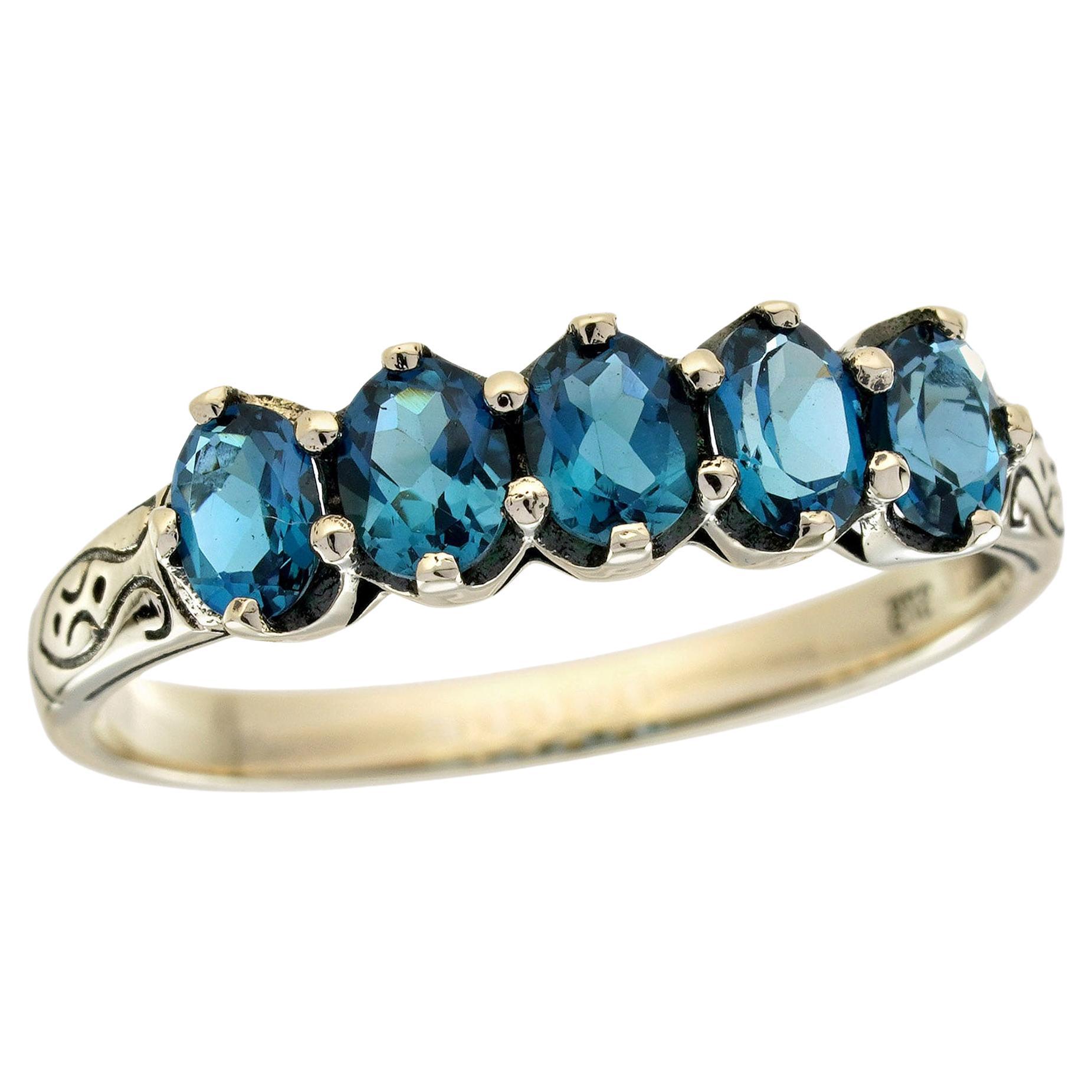 9K Gelbgold Massiv Londoner Blautopas Vintage Style Fünf Stein geschnitzt Ring