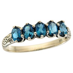 9K Yellow Gold Solid London Blue Topaz Vintage Style Five Stone Carved Ring