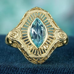 9K Yellow Gold Solid Marquise Blue Topaz Victorian Style Filigree Cocktail Ring
