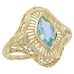 9K Yellow Gold Solid Marquise Blue Topaz Victorian Style Filigree Cocktail Ring