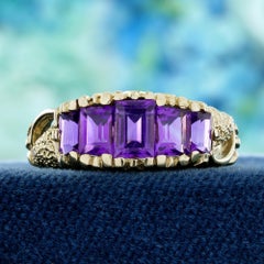 9K Yellow Gold Solid Natural Amethyst Vintage Style Five Stone Ring
