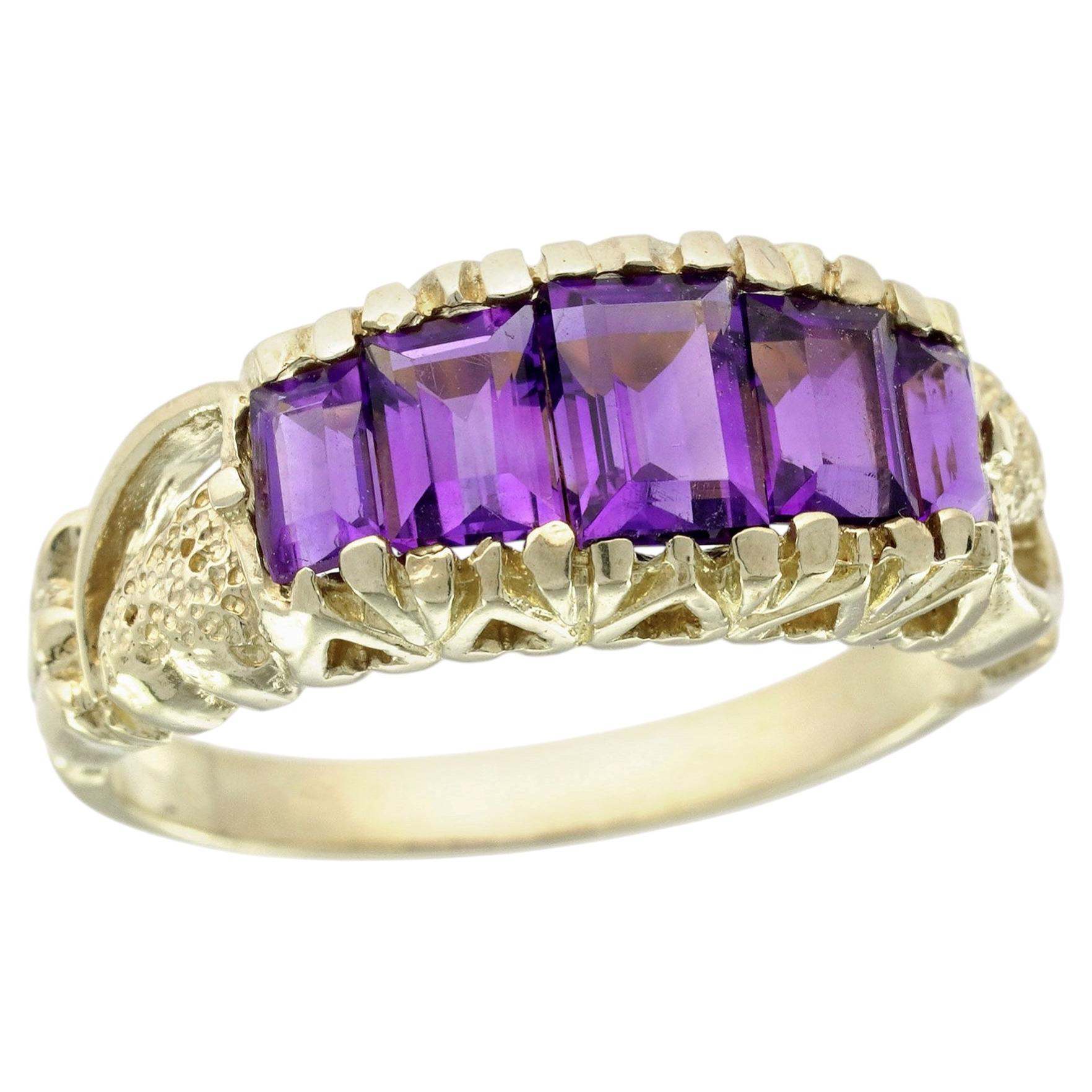 9K Yellow Gold Solid Natural Amethyst Vintage Style Five Stone Ring For Sale