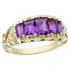 9K Yellow Gold Solid Natural Amethyst Vintage Style Five Stone Ring