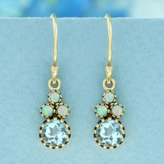 9K Yellow Gold Solid Natural Blue Topaz and Opal Vintage Style Hook Earrings