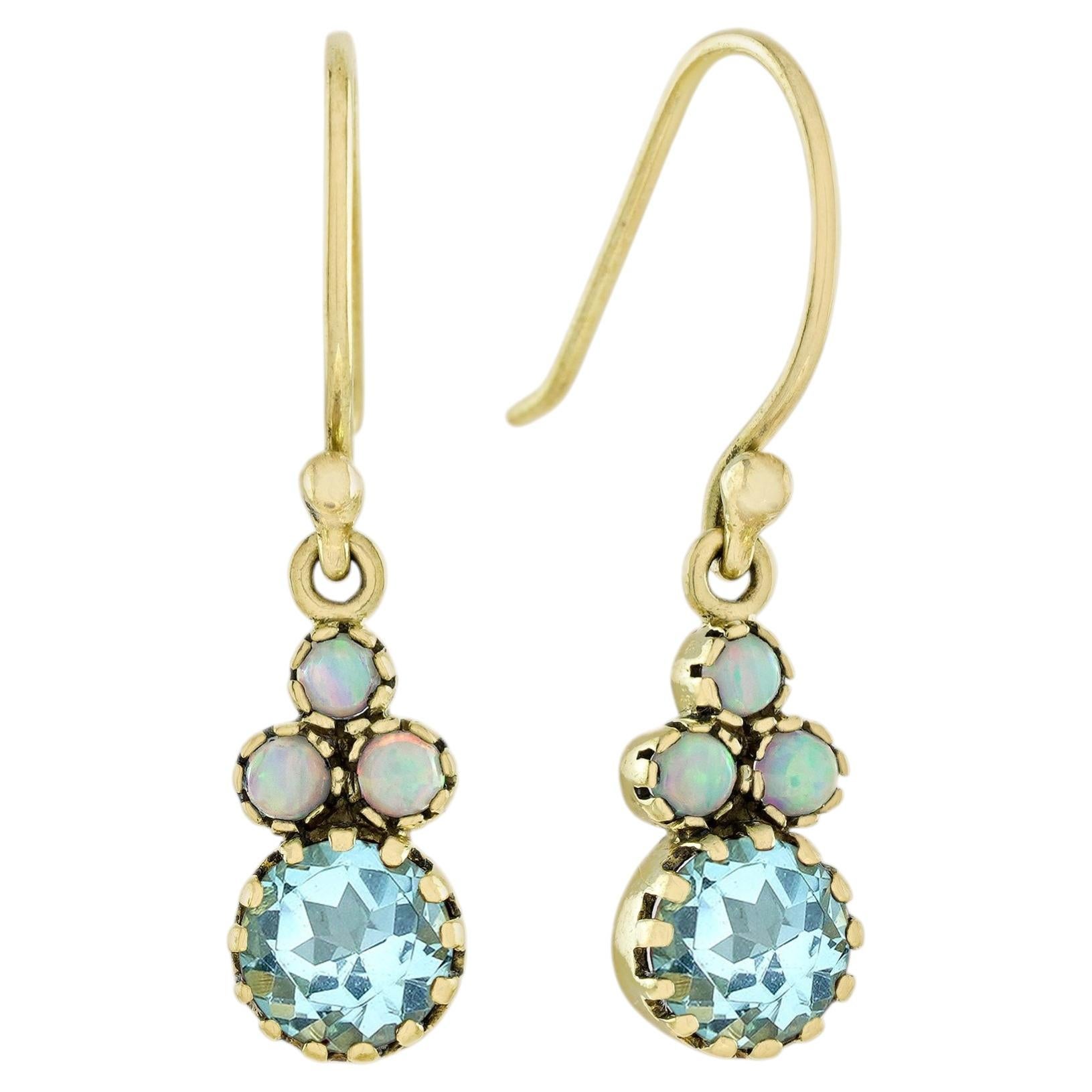 9K Gelbgold solide natürlichen blauen Topas und Opal Vintage Style Haken Ohrringe