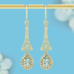 9K Yellow Gold Solid Natural Blue Topaz Diamond Vintage Style Drop Earrings