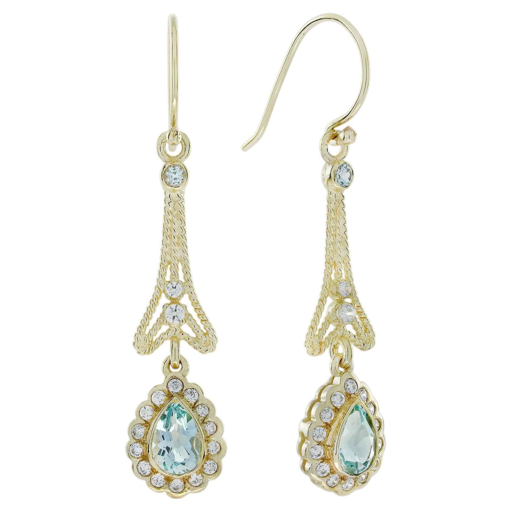 9K Yellow Gold Solid Natural Blue Topaz Diamond Vintage Style Drop Earrings