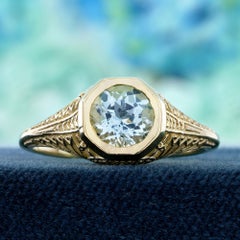 9K Yellow Gold Solid Natural Blue Topaz Vintage Style Filigree Ring