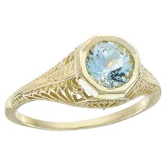 9K Yellow Gold Solid Natural Blue Topaz Vintage Style Filigree Ring