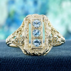 9K Yellow Gold Solid Natural Blue Topaz Vintage Style Three Stone Filigree Ring