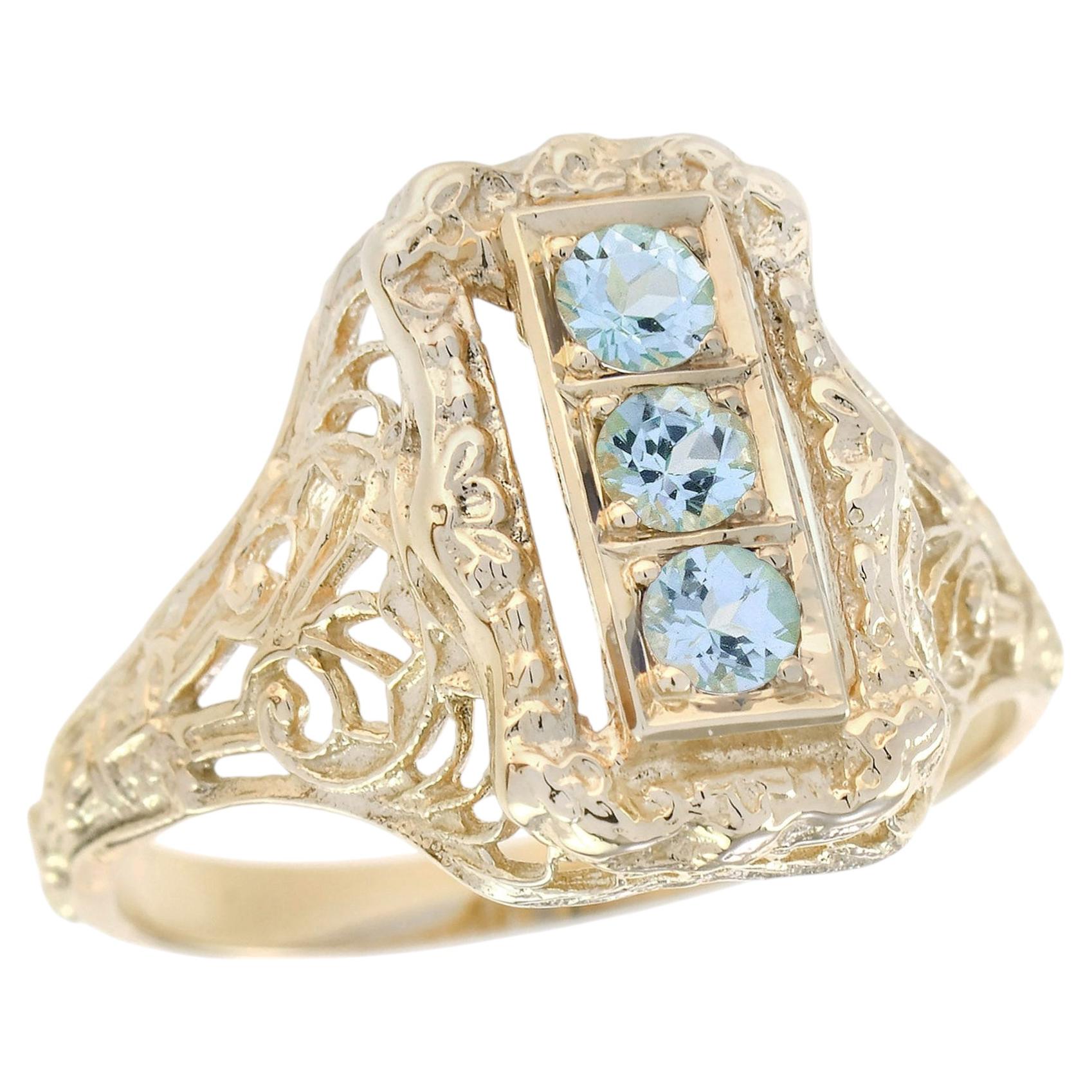 9K Yellow Gold Solid Natural Blue Topaz Vintage Style Three Stone Filigree Ring