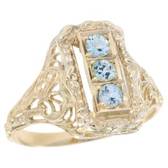 9K Yellow Gold Solid Natural Blue Topaz Vintage Style Three Stone Filigree Ring