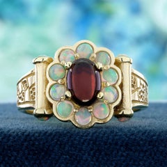 9K Yellow Gold Solid Natural Cabochon Garnet Opal Vintage Style Floral Ring