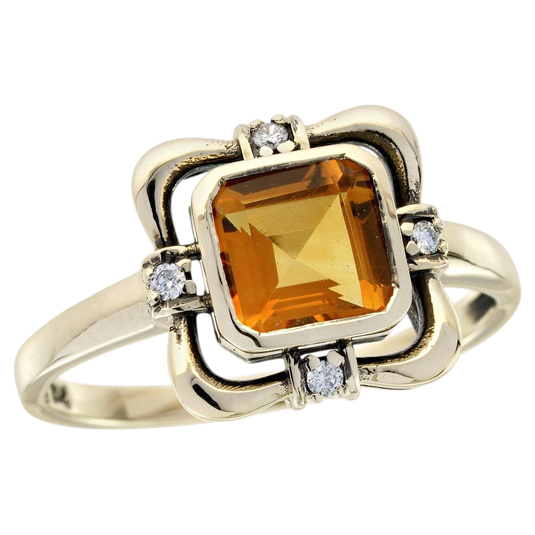 9K Yellow Gold Solid Natural Citrine and Diamond Vintage Style Ring For Sale