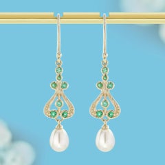 9K Yellow Gold Solid Natural Emerald and Pearl Vintage Style Drop Earrings
