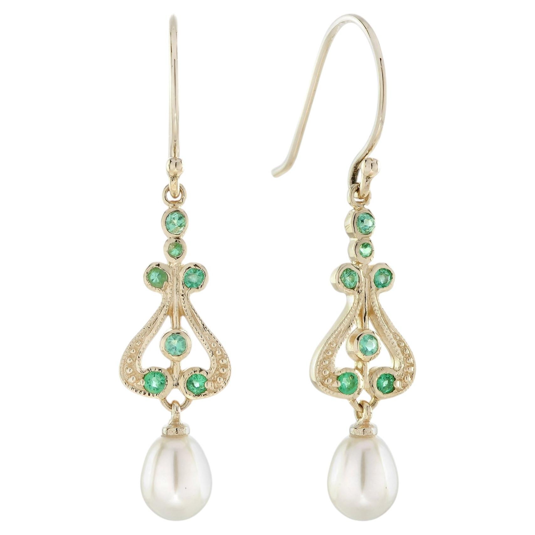9K Yellow Gold Solid Natural Emerald and Pearl Vintage Style Drop Earrings