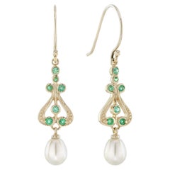 9K Yellow Gold Solid Natural Emerald and Pearl Vintage Style Drop Earrings