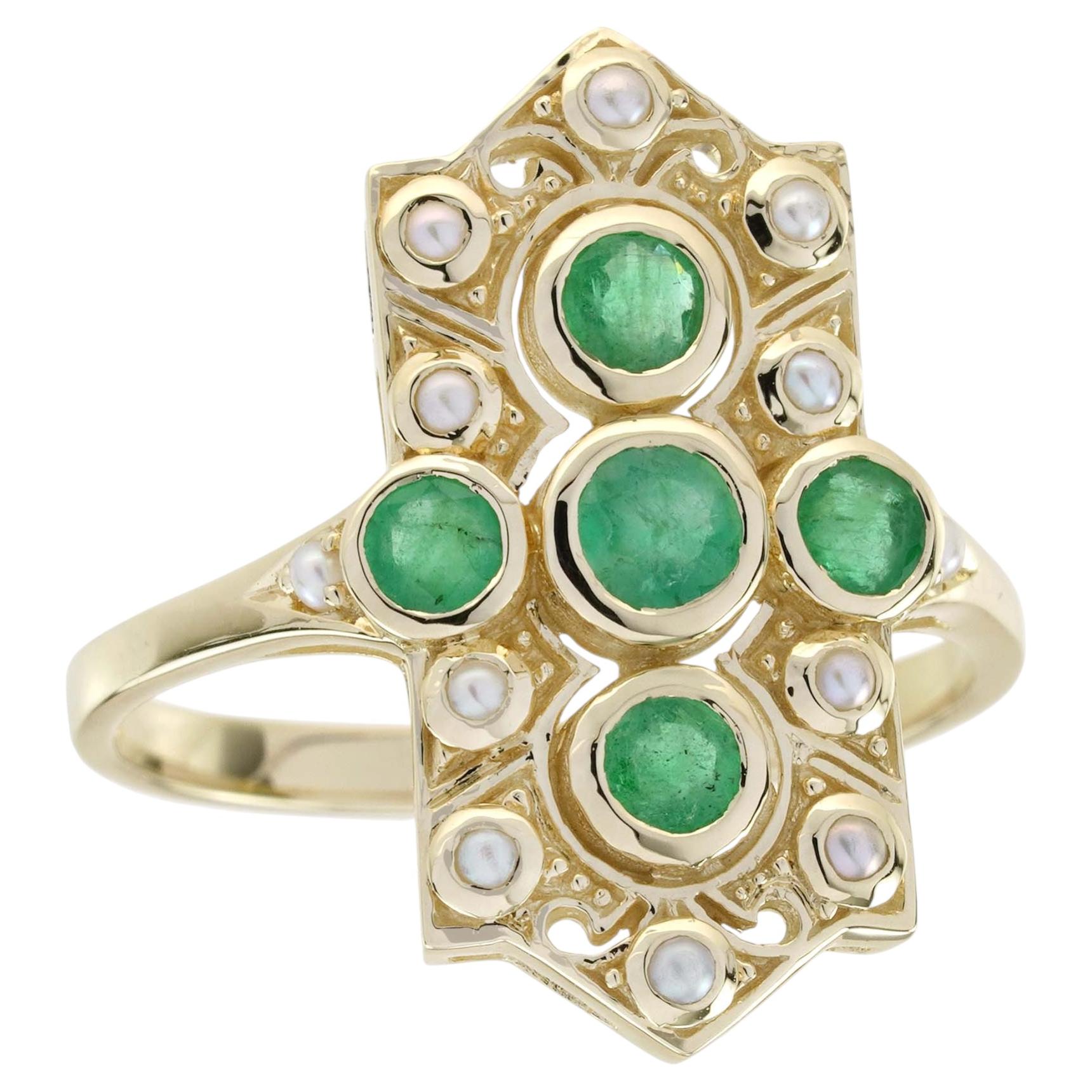 9K Gelbgold Massiv Natürlicher Smaragd und Perle Vintage Style Ring