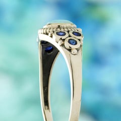 9K Yellow Gold Solid Natural Opal and Blue Sapphire Vintage Style Ring