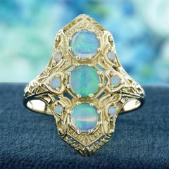 9K Yellow Gold Solid Natural Opal Vintage Style Three Stone Filigree Ring