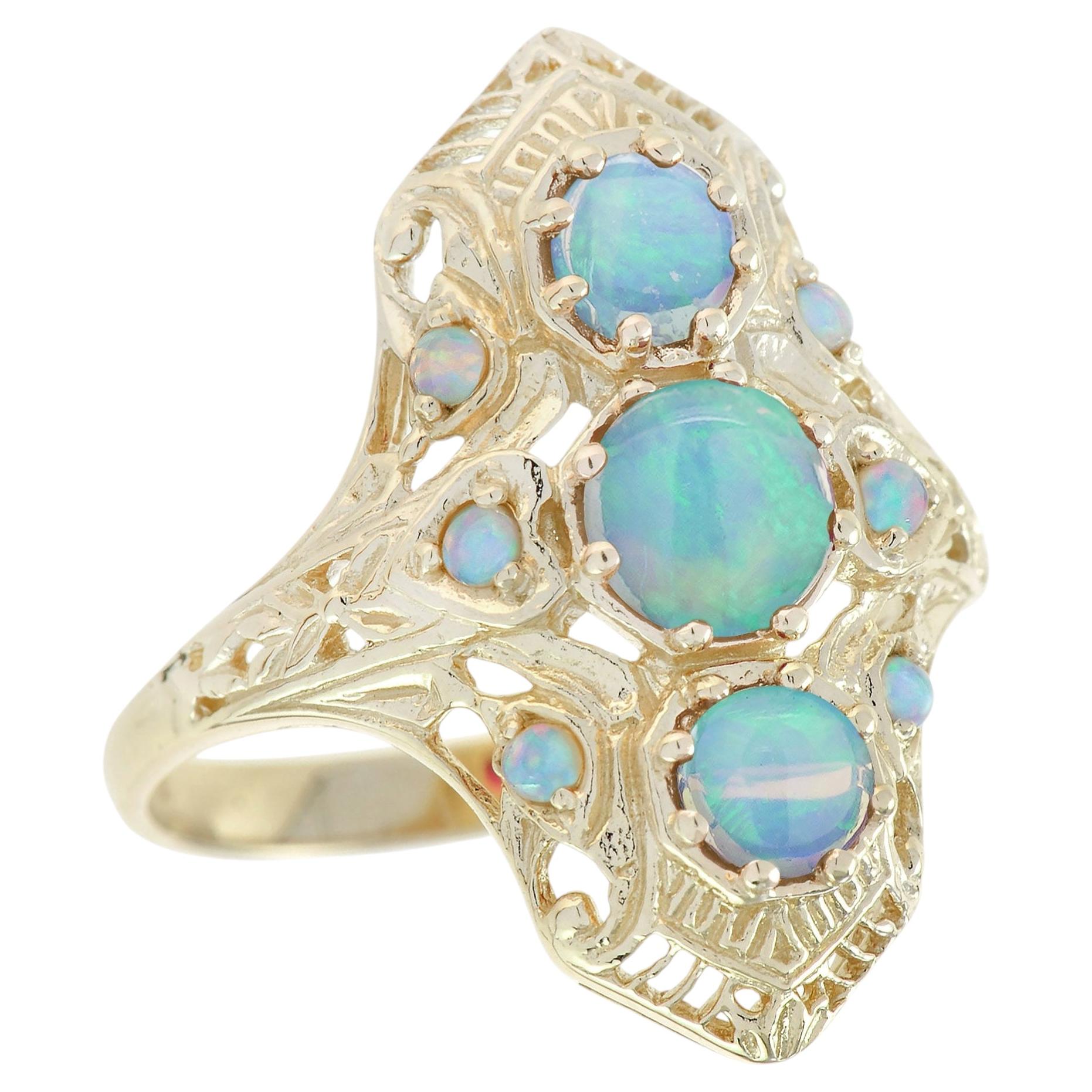 Vintage-Cocktailring mit natürlichem Opal in Filigranausführung und länglicher Form aus 9-karätigem Gelbgold