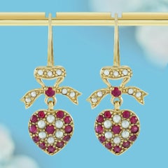9K Yellow Gold Solid Natural Ruby and Pearl Vintage Style Heart Drop Earrings