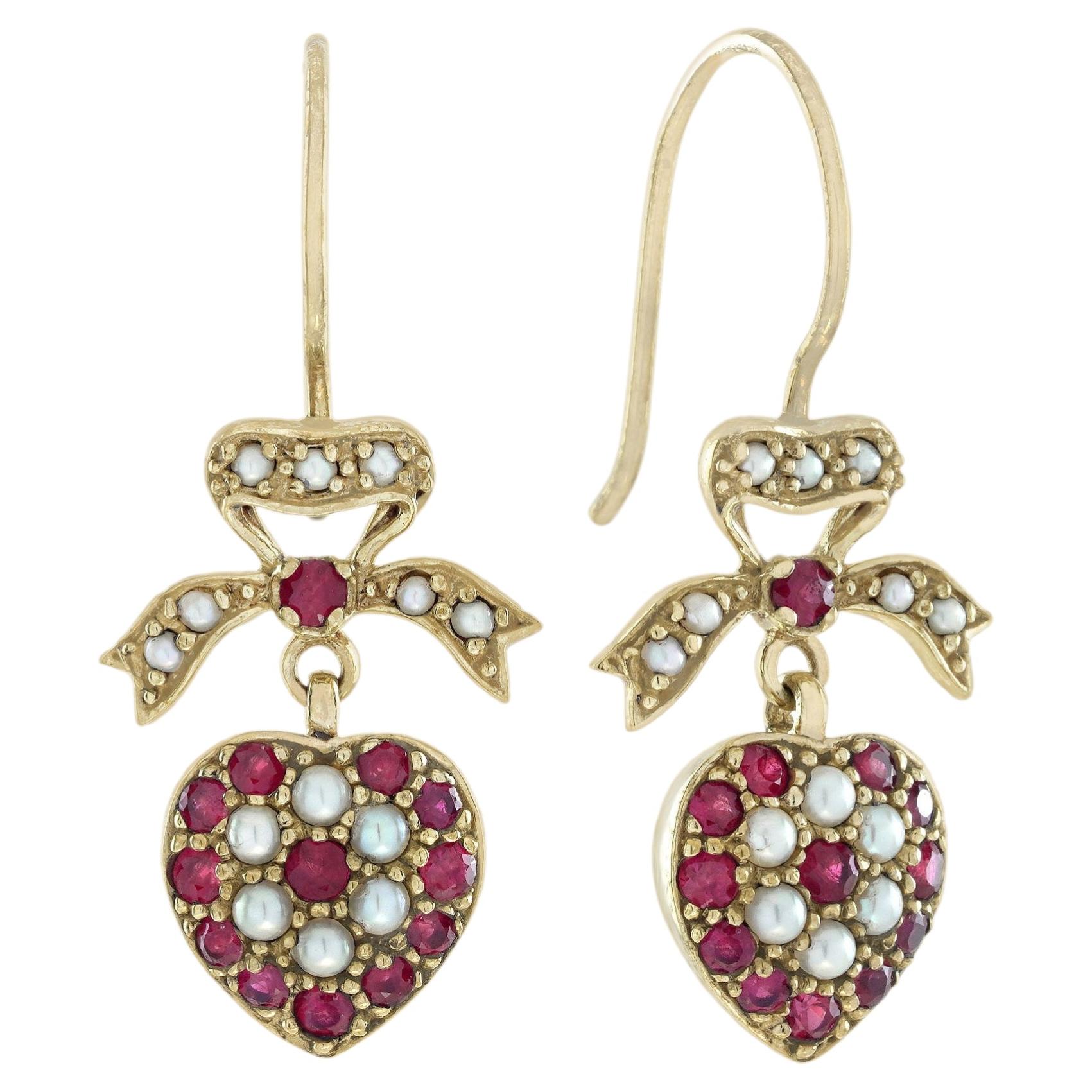 9K Yellow Gold Solid Natural Ruby and Pearl Vintage Style Heart Drop Earrings