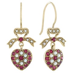 9K Yellow Gold Solid Natural Ruby and Pearl Vintage Style Heart Drop Earrings