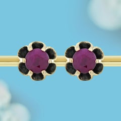 9K Yellow Gold Solid Natural Ruby Vintage Style Floral Stud Earrings