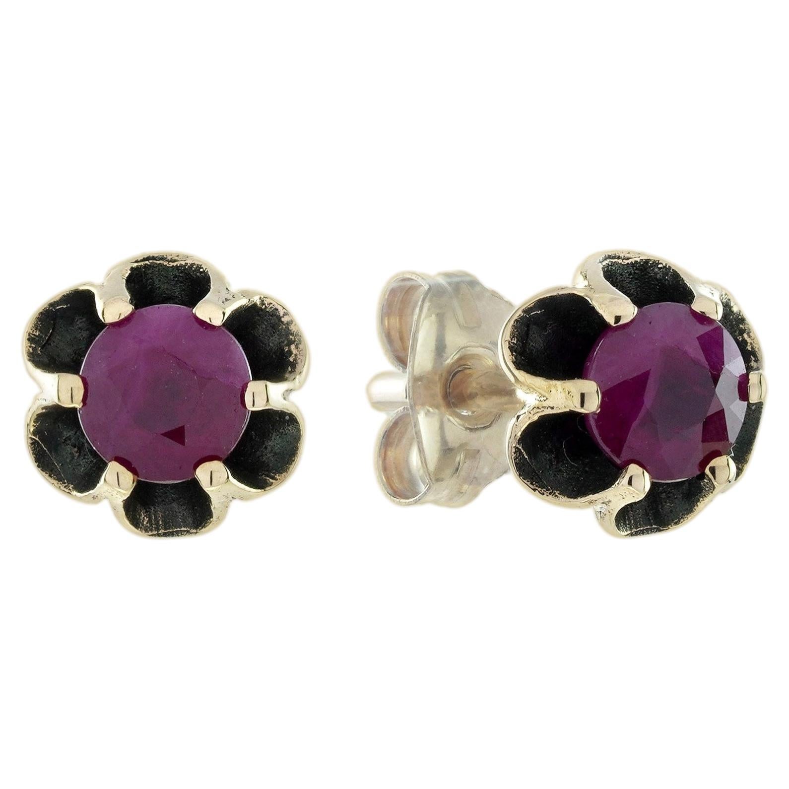 9K Yellow Gold Solid Natural Ruby Vintage Style Floral Stud Earrings For Sale