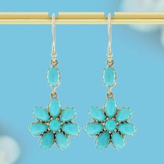 9K Yellow Gold Solid Natural Turquoise Vintage Style Floral Dangle Earrings