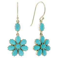 9K Yellow Gold Solid Natural Turquoise Vintage Style Floral Dangle Earrings