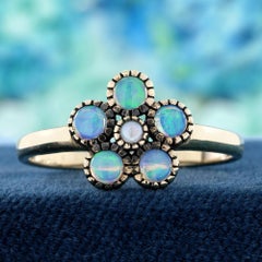 9K Yellow Gold Solid Pearl and Opal Vintage Style Floral Cluster Ring