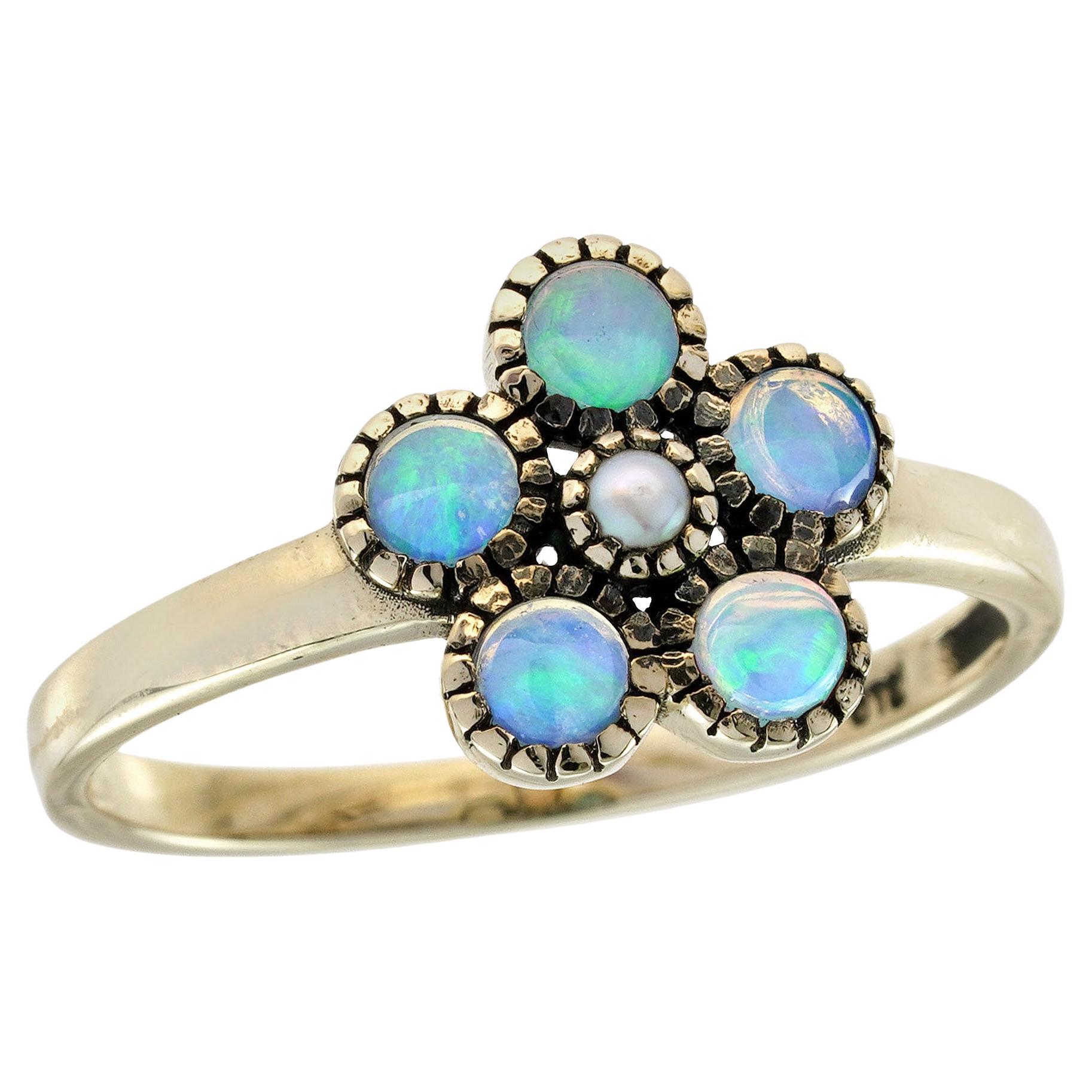 9K Yellow Gold Solid Pearl and Opal Vintage Style Floral Cluster Ring