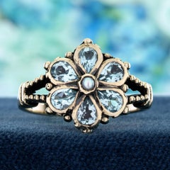 9K Yellow Gold Solid Pearl Blue Topaz Victorian Style Floral Cluster Ring
