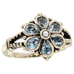 9K Yellow Gold Solid Pearl Blue Topaz Victorian Style Floral Cluster Ring