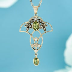 9K Yellow Gold Solid Peridot Pearl Art Nouveau Style Lavaliere Pendant Necklace