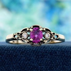 9K Yellow Gold Solid Rhodolite and Diamond Vintage Style Engagement Ring