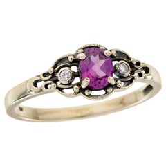 9K Yellow Gold Solid Rhodolite and Diamond Vintage Style Engagement Ring