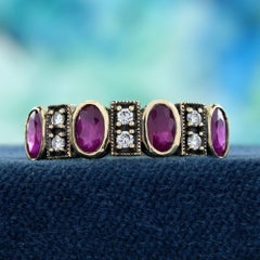 9K Yellow Gold Solid Ruby and Diamond Vintage Style Half Eternity Wedding Ring