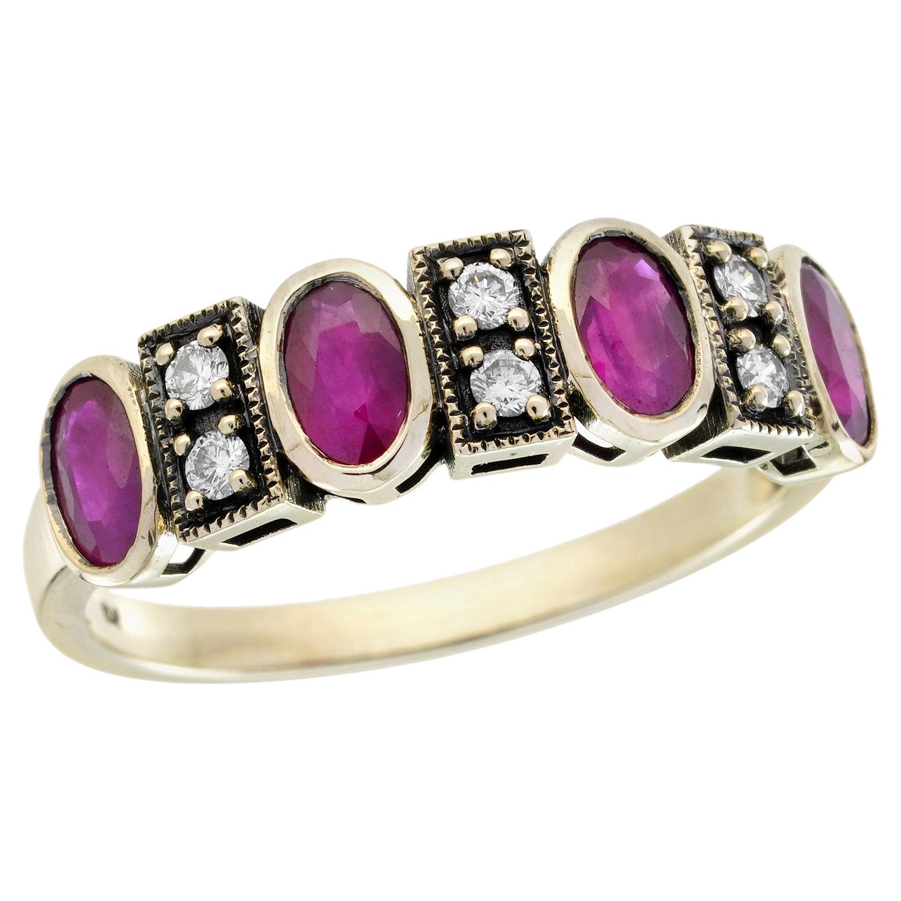 9K Yellow Gold Solid Ruby and Diamond Vintage Style Half Eternity Wedding Ring